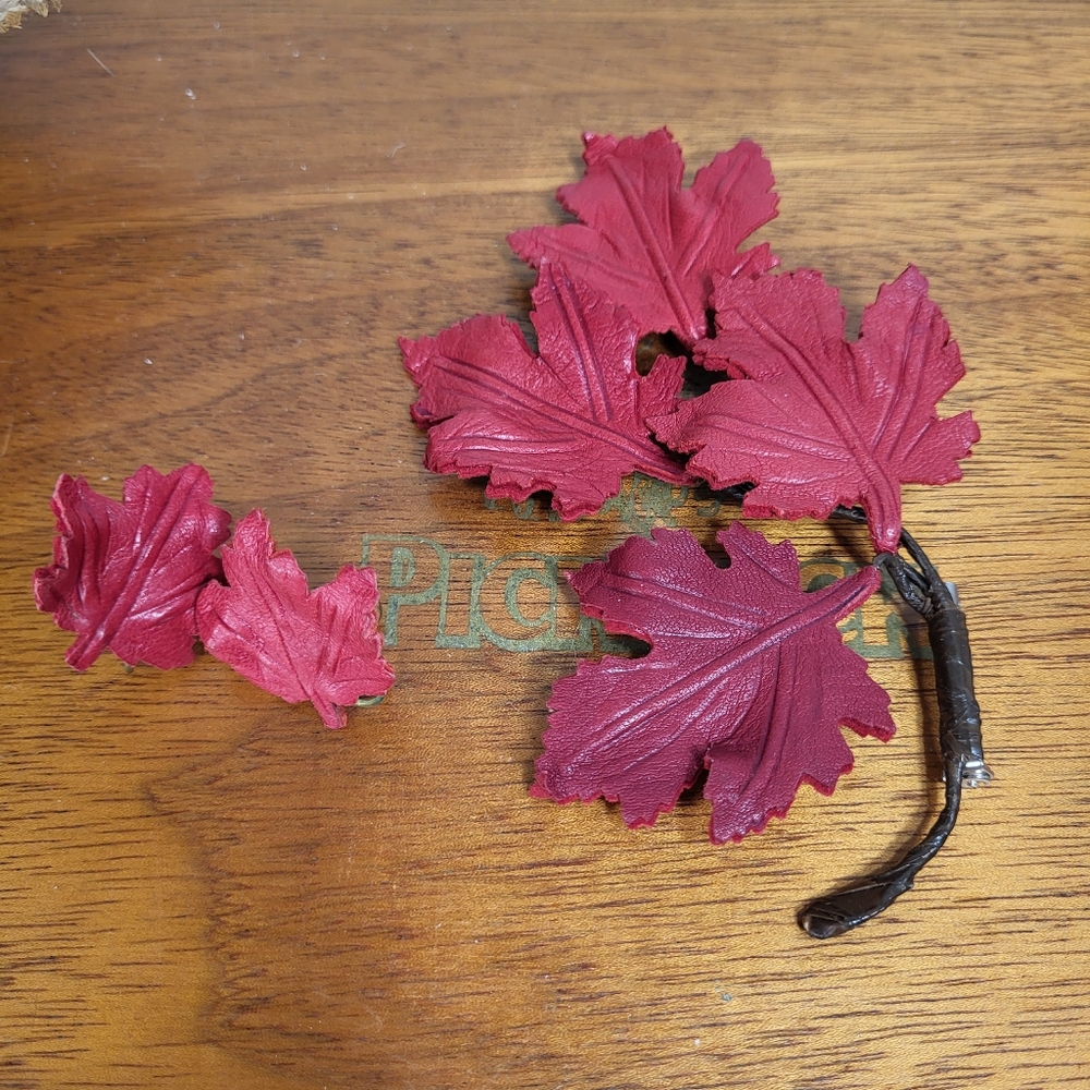 Vintage Red Leather Maple Leaf Brooch and Screw Back Earrings Set